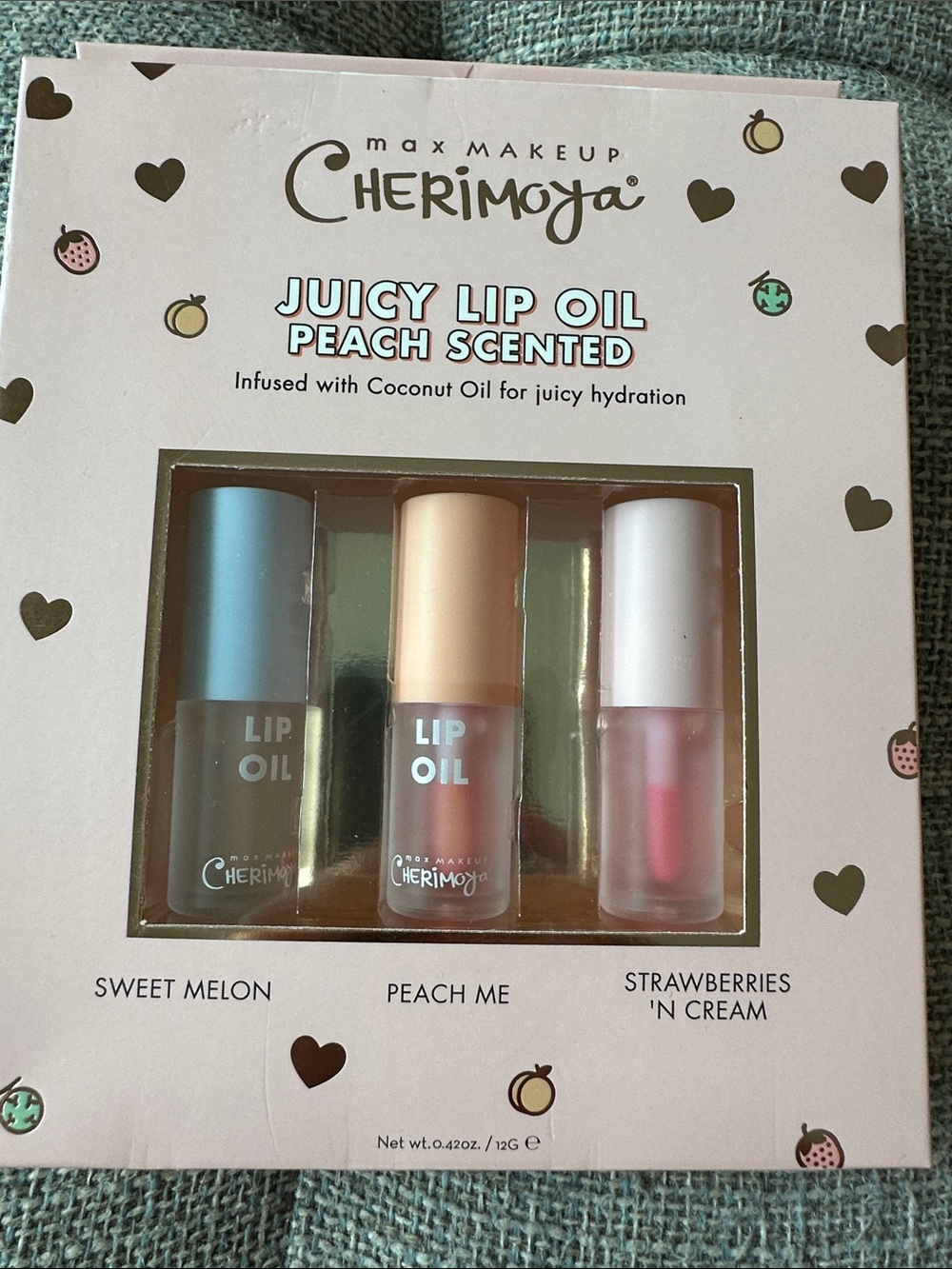Cherimoya Set/3 Juicy Lip Oil (Melon, Peach, Strawberry) Peach Scented NIB